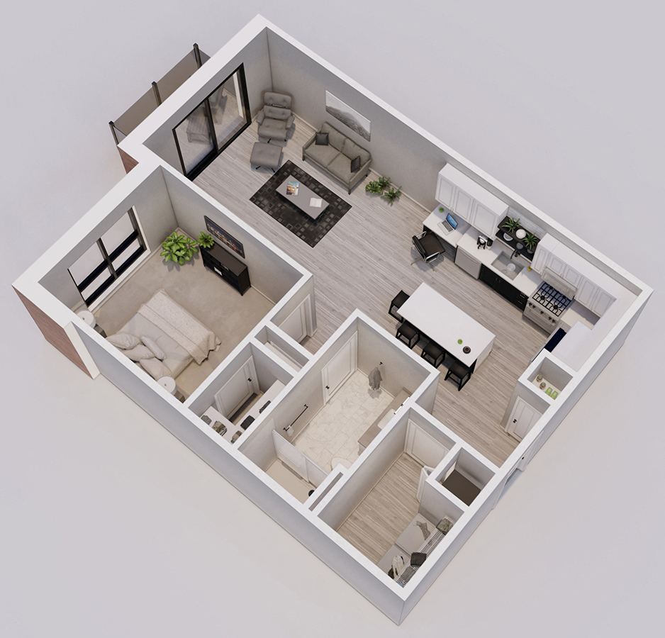 Floor plan for 1 bed, 1 bath, 749 sqft